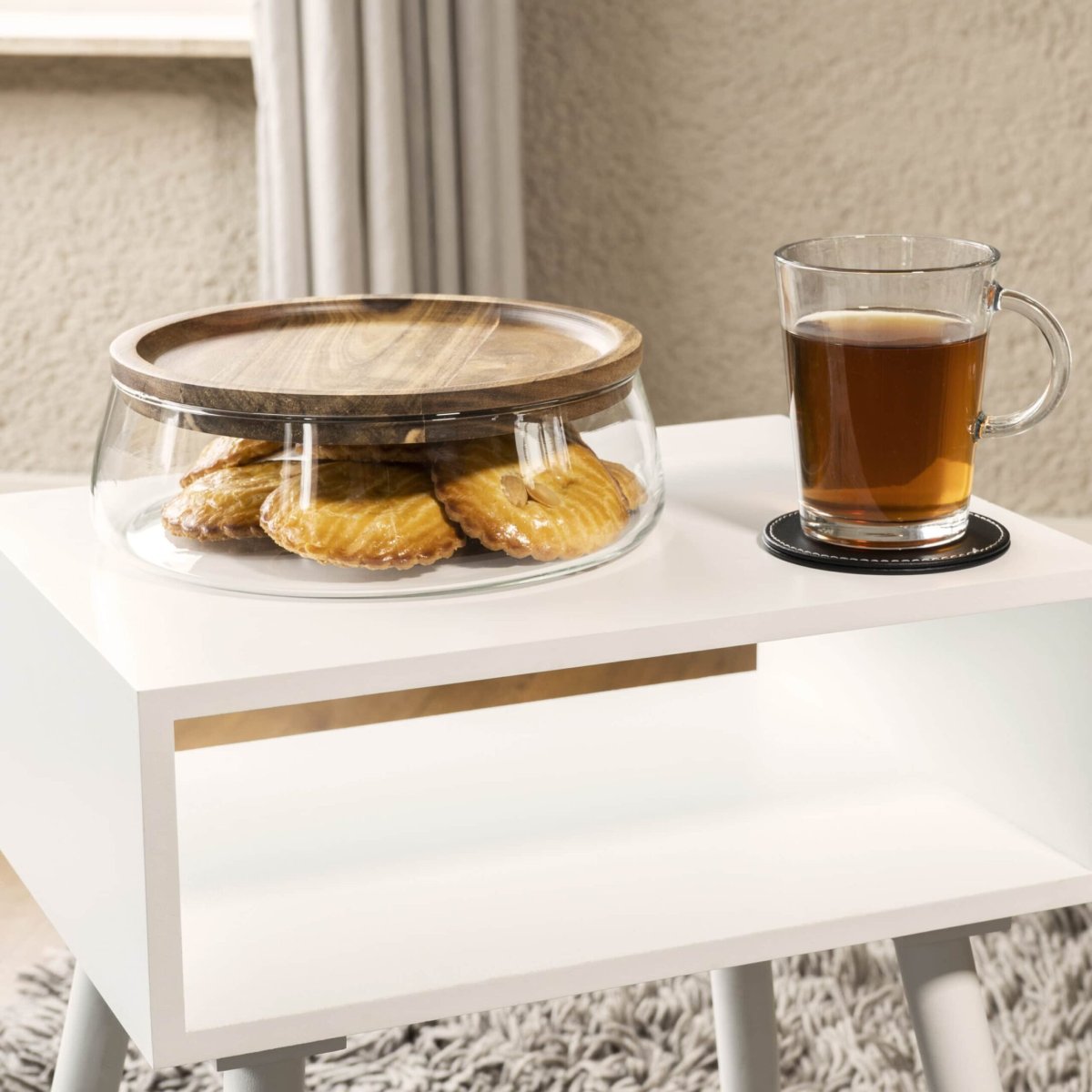 QUVIO Opbergbak met deksel – Diameter 23 cm – Glas en hout - Afbeelding 5