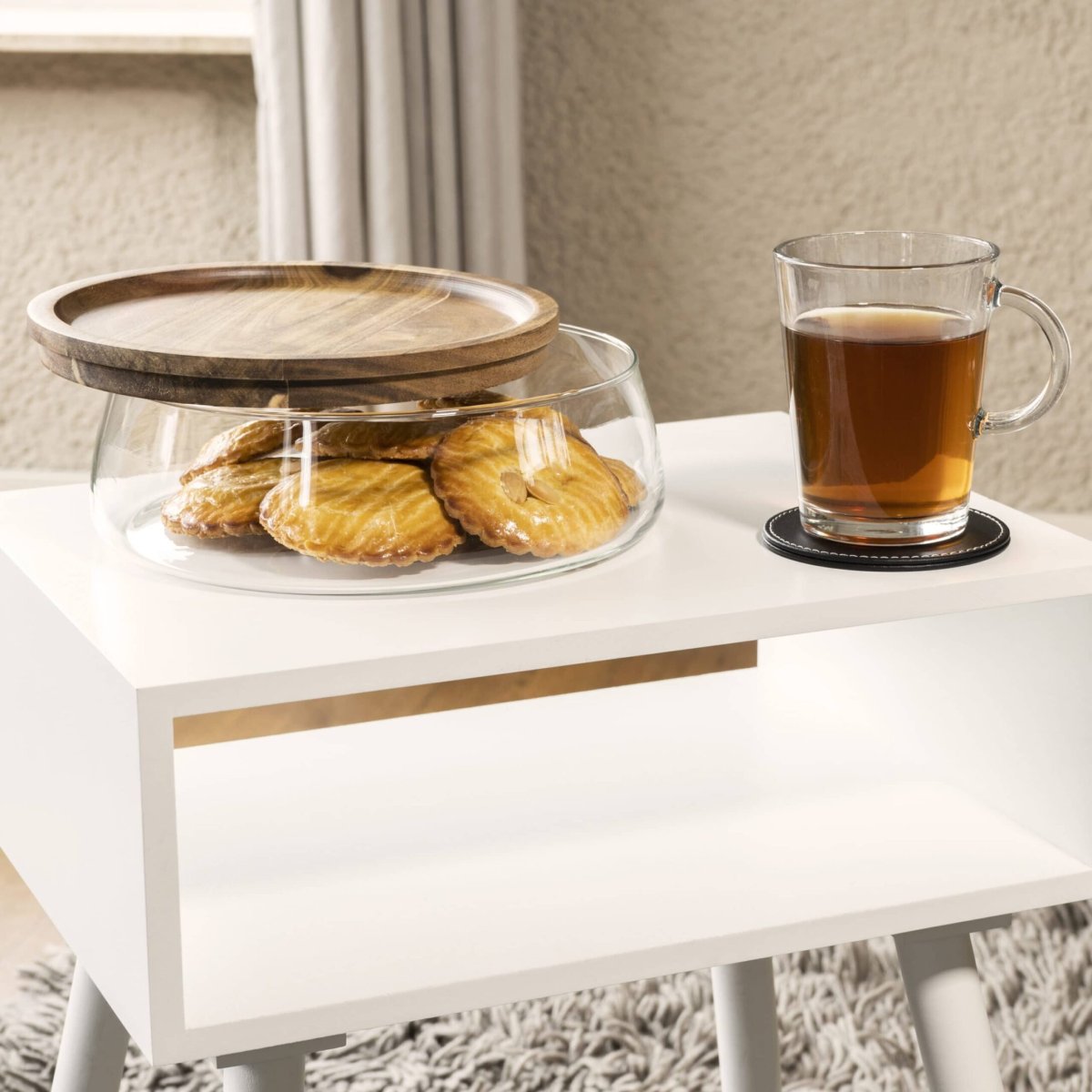 QUVIO Opbergbak met deksel – Diameter 23 cm – Glas en hout - Afbeelding 6