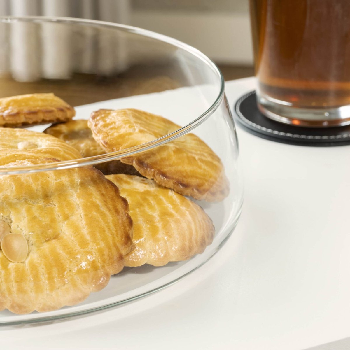 QUVIO Opbergbak met deksel – Diameter 23 cm – Glas en hout - Afbeelding 7