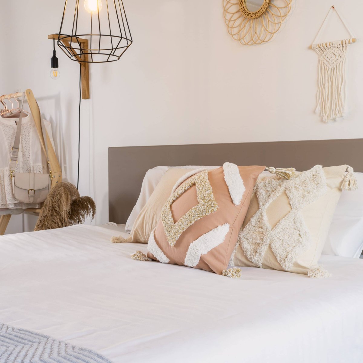 QUVIO Kussenhoes met ruit patroon en franjes – 45 x 45 cm – Lichtroze/Beige - Afbeelding 6