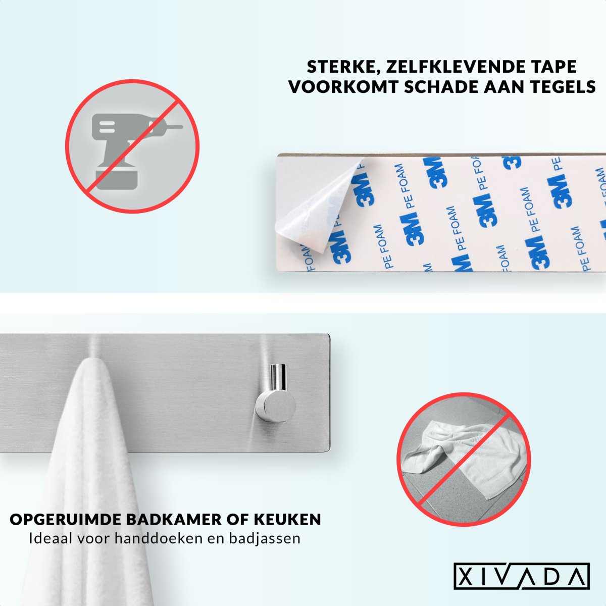 XIVADA Handdoekhaakjes Tres – Zelfklevend – Zilver – 3 in 1 - Afbeelding 4