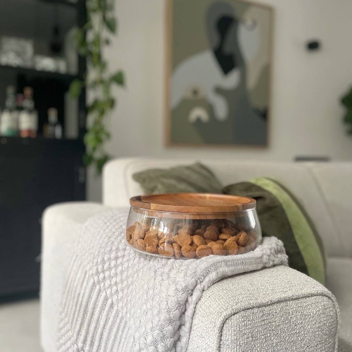 QUVIO Opbergbak met deksel – Diameter 23 cm – Glas en hout - Afbeelding 4